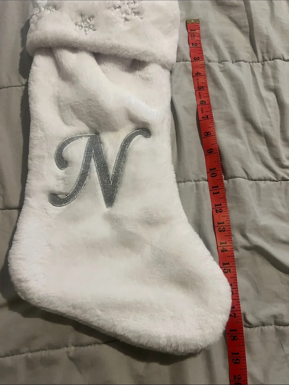White Plush Holiday Stocking with Silver 'N' Monogram